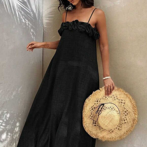 Black Casual Women's Floral A-Line Elegant Sleeveless Dress - Picture 3 of 5